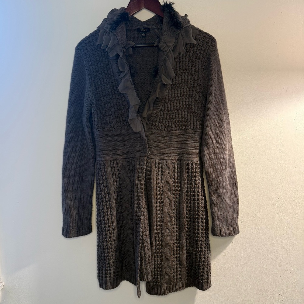 Cupio Taupe Knit Cardigan with Ruffle Trim